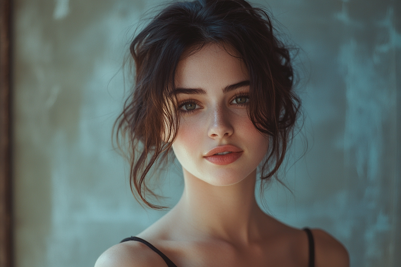 Mujer morena ligeramente sonriente | Fuente: Midjourney