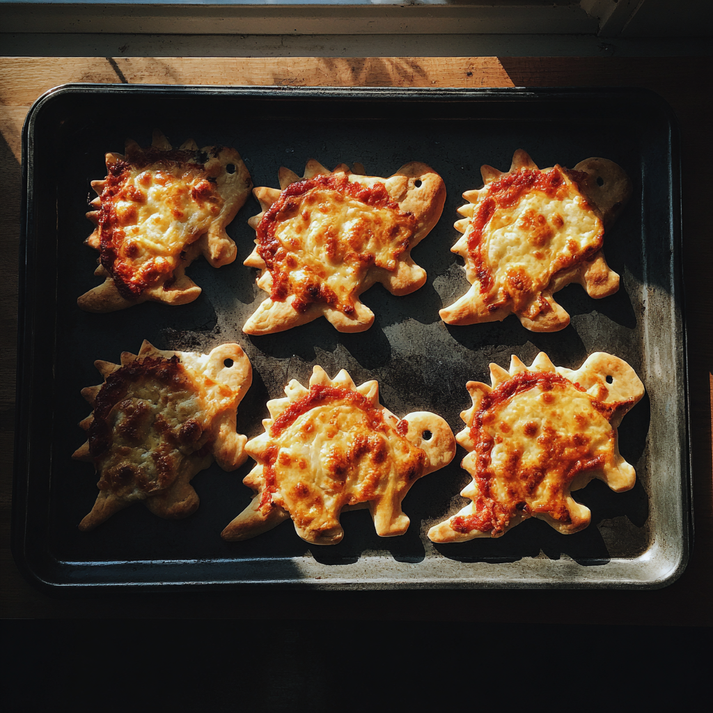 Minipizzas con forma de dinosaurio en una bandeja | Fuente: Midjourney