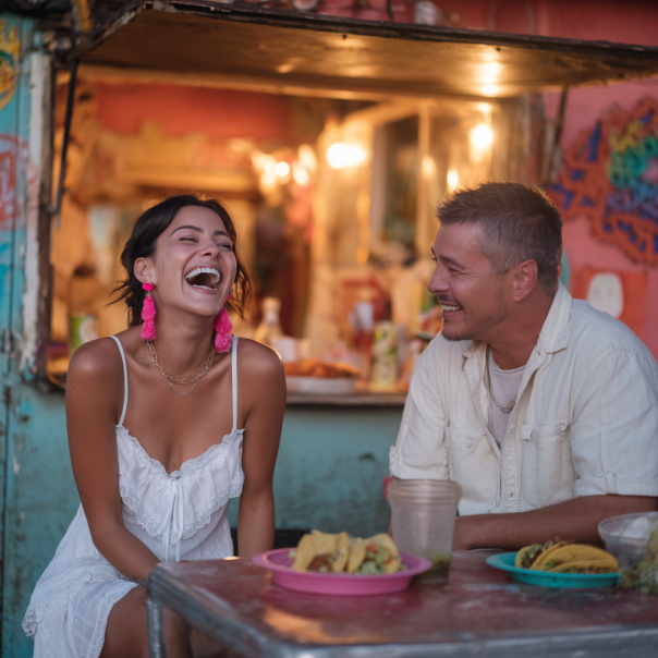 Una pareja riendo en una cita | Fuente: Midjourney