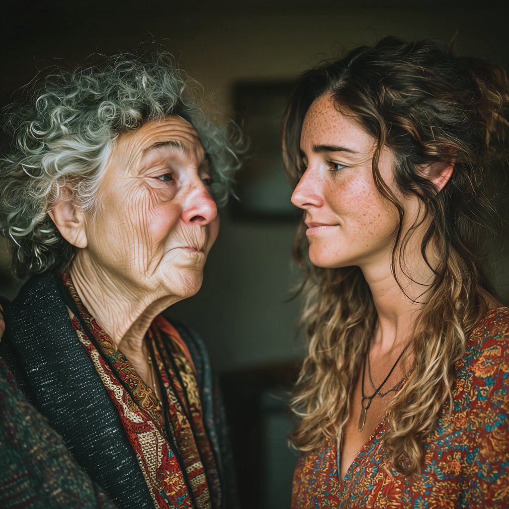 Una abuela y su nieta mirándose | Fuente: Midjourney