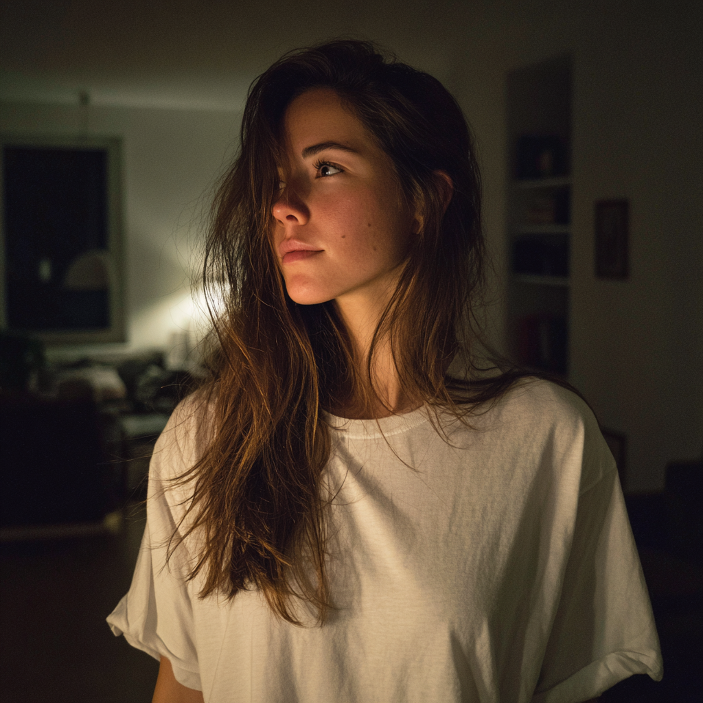 Una mujer pensativa con una camiseta blanca | Fuente: Midjourney