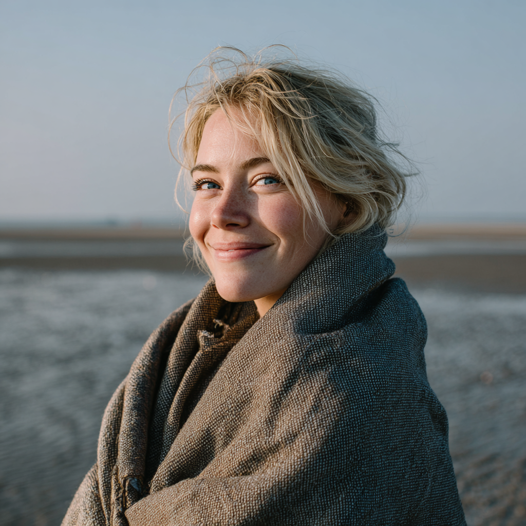 Una mujer sonriente en la playa | Fuente: Midjourney