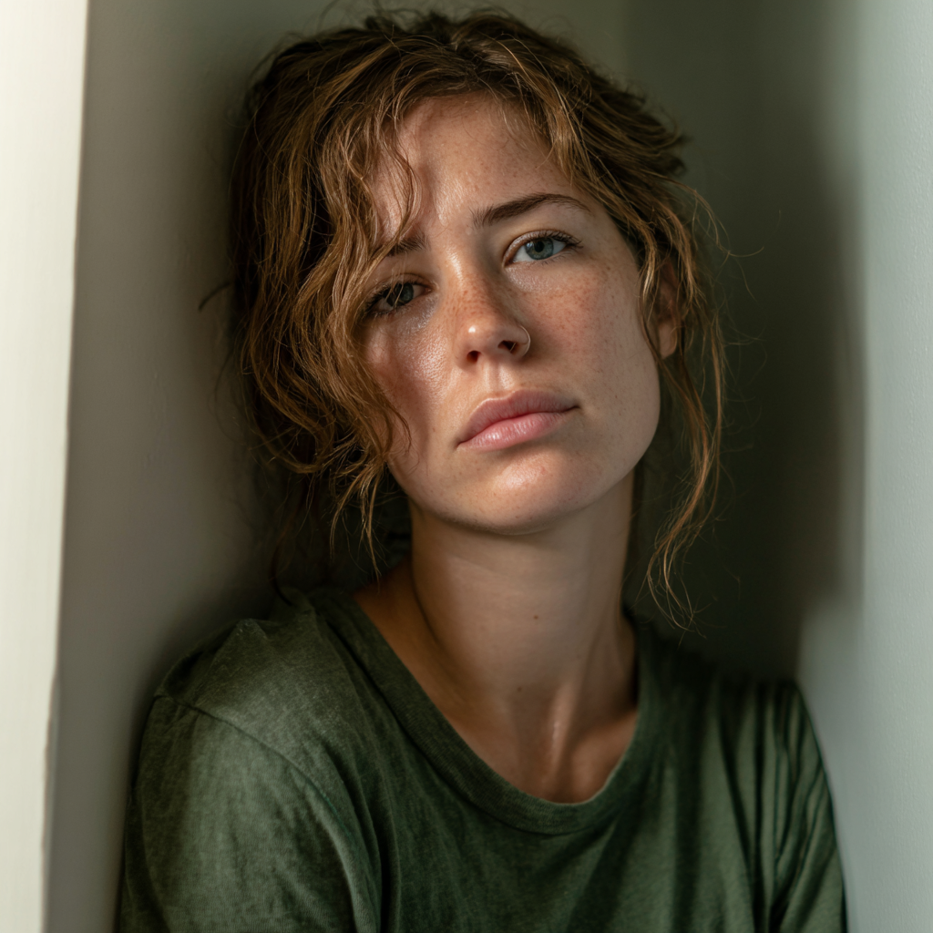 Una mujer emocionada apoyada en una pared | Fuente: Midjourney