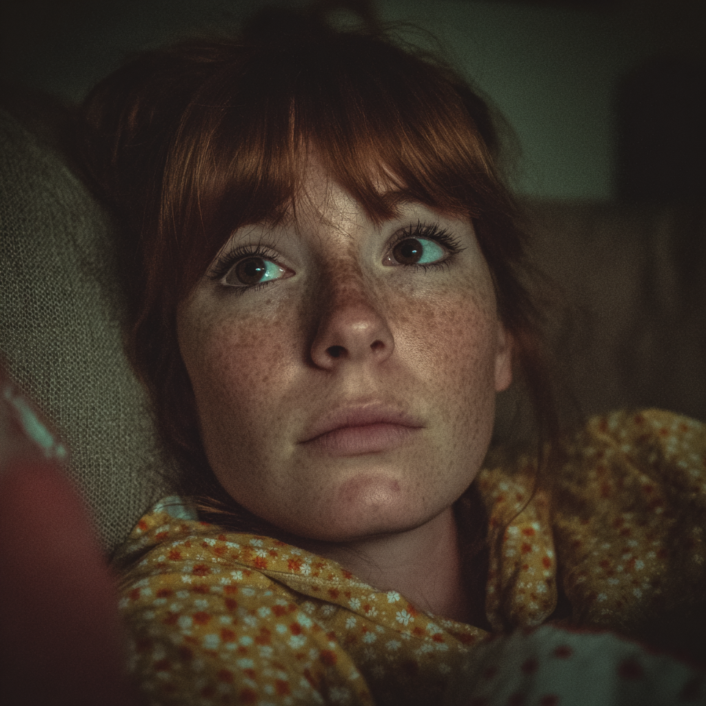 Una mujer emocional sentada en un sofá | Fuente: Midjourney