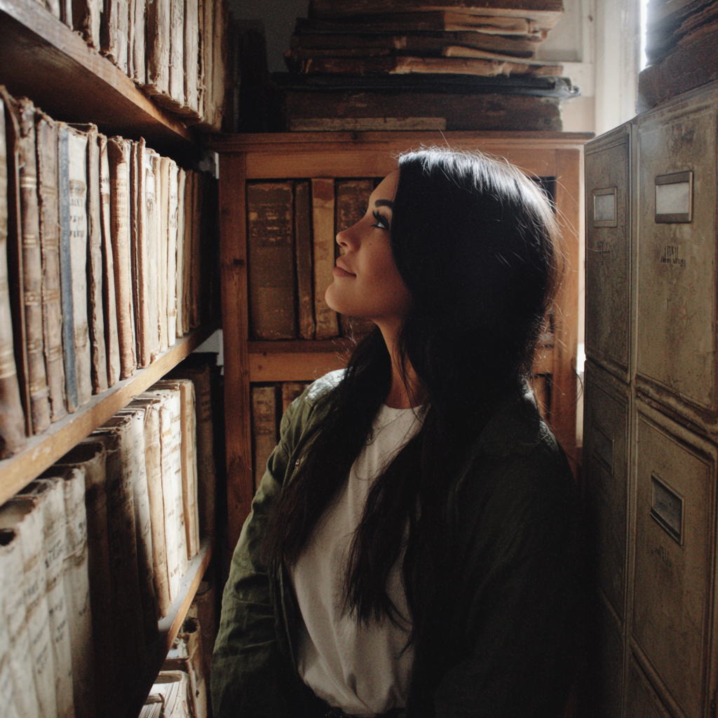 Una mujer mirando una hilera de libros | Fuente: Midjourney
