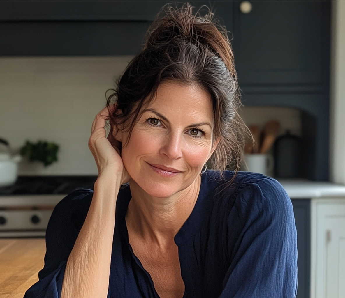 Una mujer sonriente sentada a la mesa de la cocina | Fuente: Midjourney