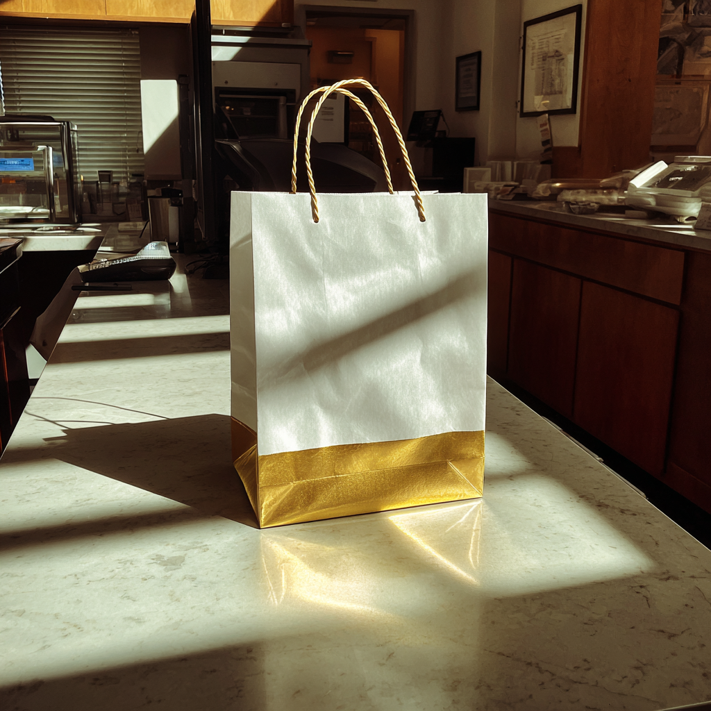 Una bolsa de regalo sobre un mostrador | Fuente: Midjourney