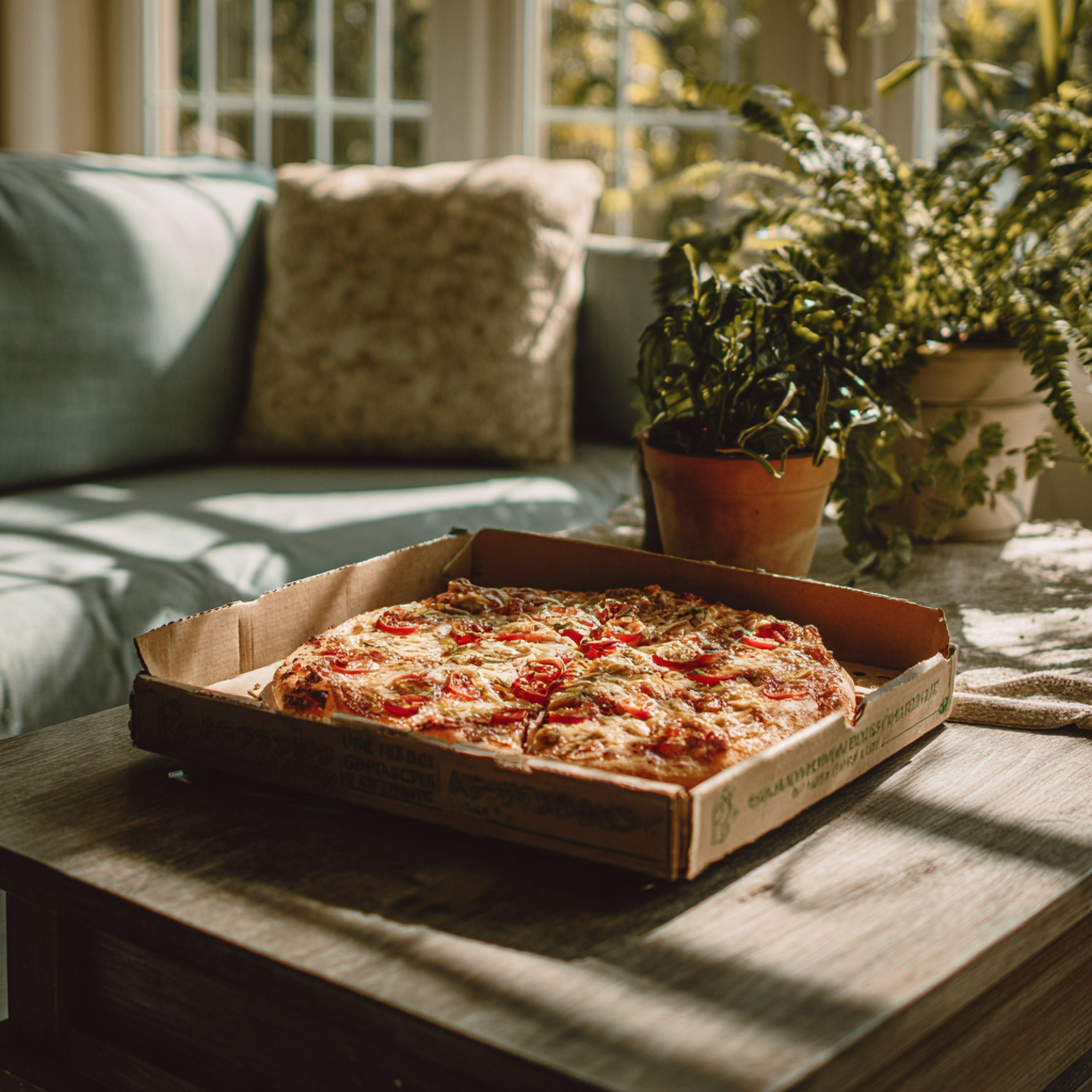 Una caja de pizza sobre una mesa de café | Fuente: Midjourney