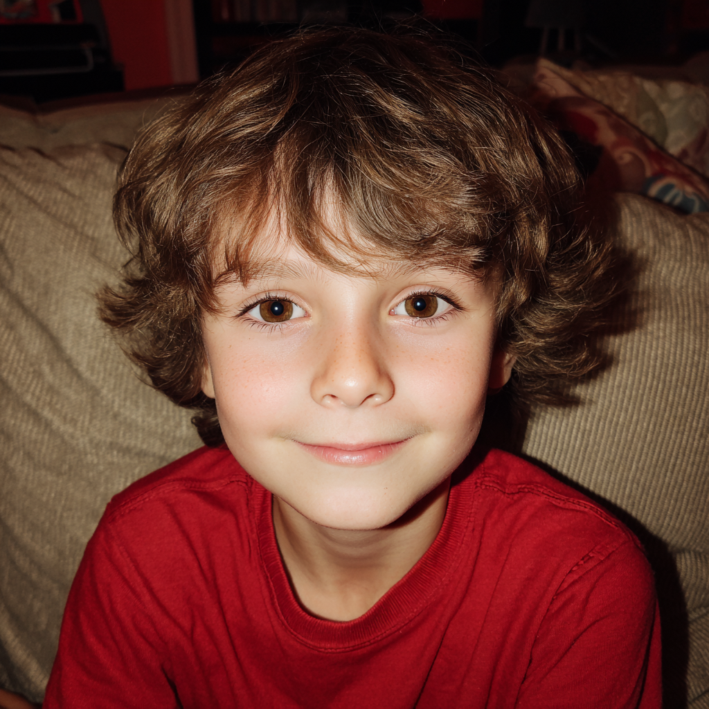 Un niño sonriente sentado en un sofá | Fuente: Midjourney