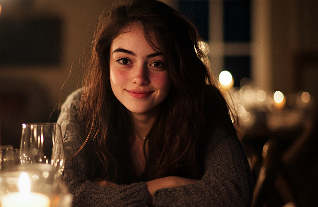 Una mujer sonriendo durante la cena | Fuente: Midjourney