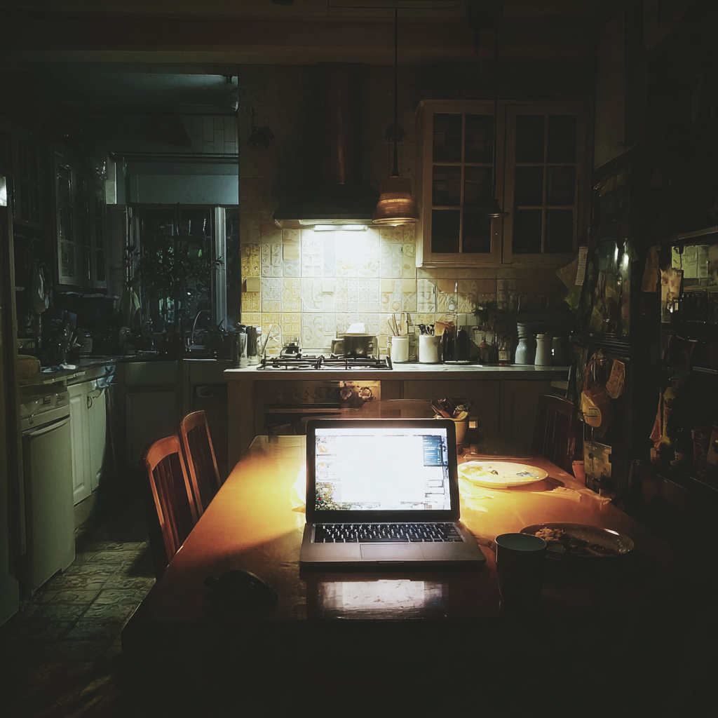 Un portátil abierto en una mesa de cocina | Fuente: Midjourney