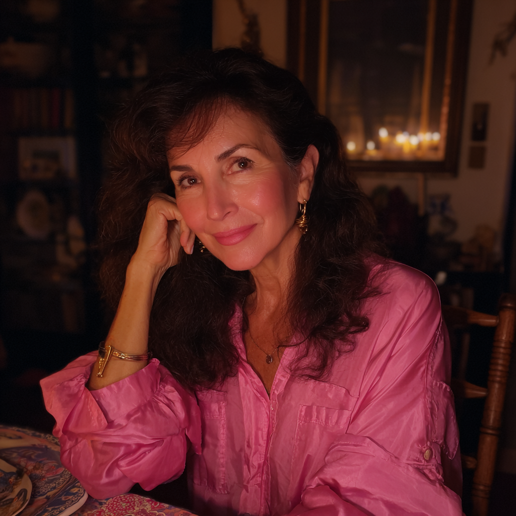 Una mujer sonriente sentada a la mesa | Fuente: Midjourney