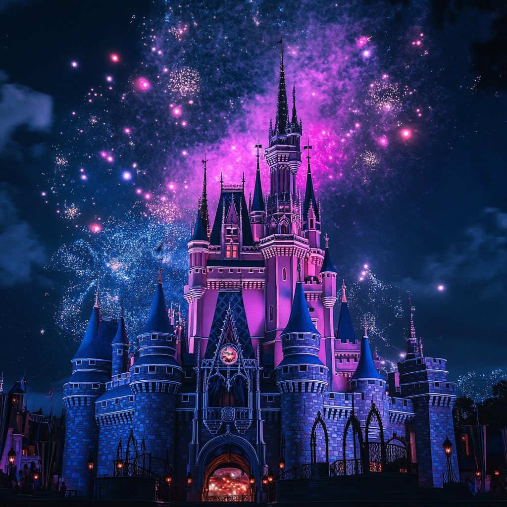 Disney de noche con un espectáculo de fuegos artificiales | Fuente: Midjourney