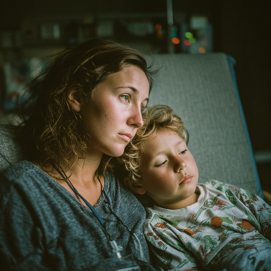 Una mujer triste en el hospital con su hijo | Fuente: Midjourney