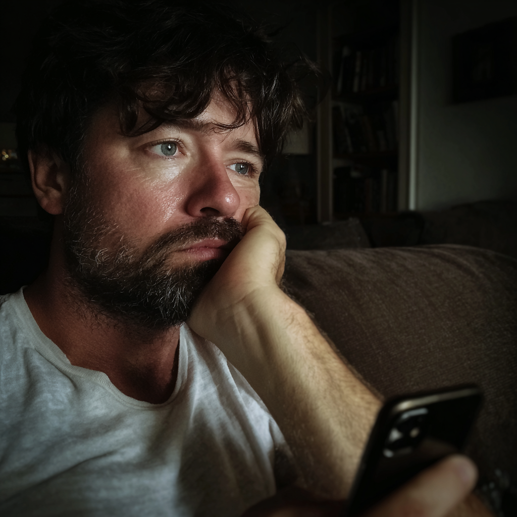 Un hombre malhumorado sentado en un sofá | Fuente: Midjourney