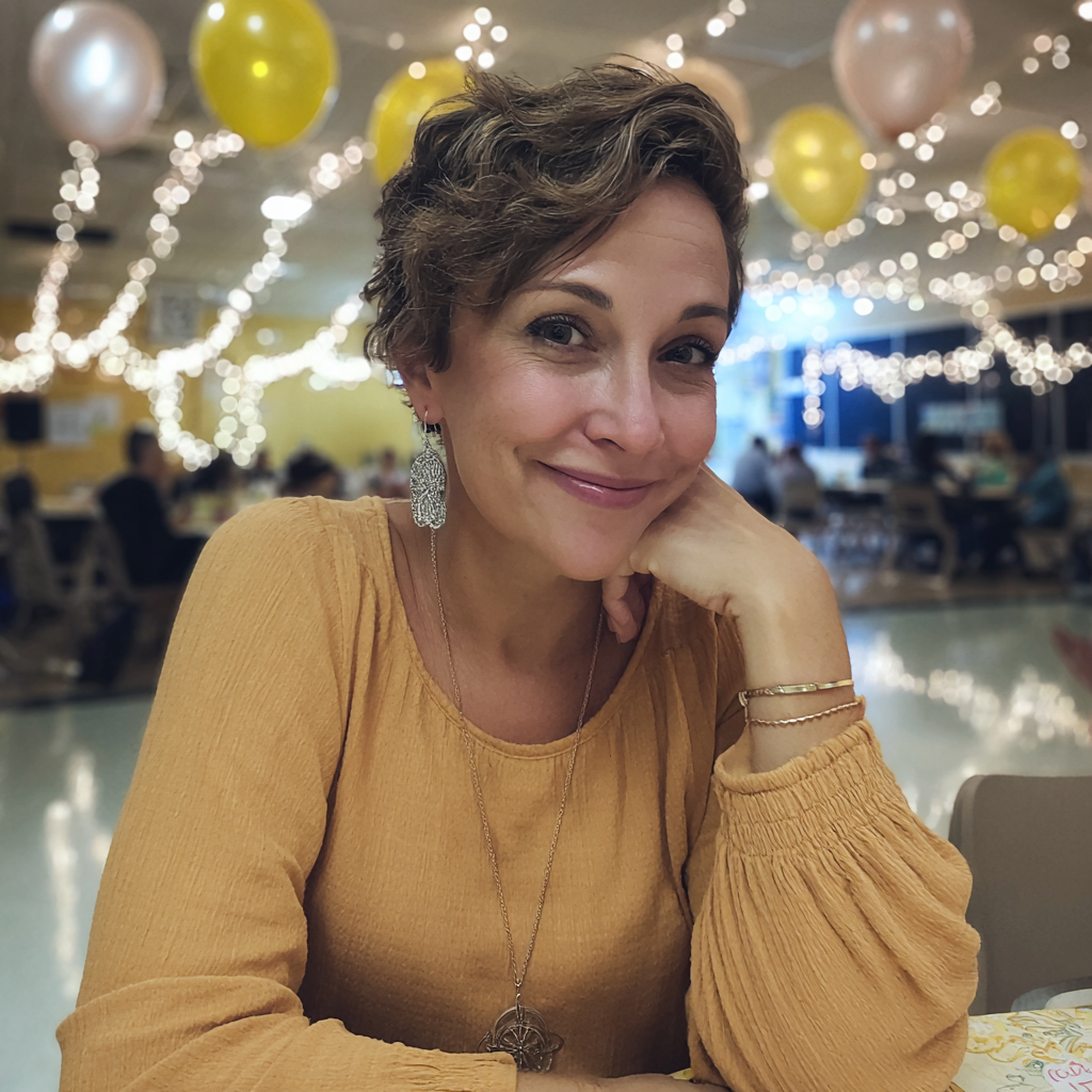 Una mujer sonriente con un vestido mostaza | Fuente: Midjourney
