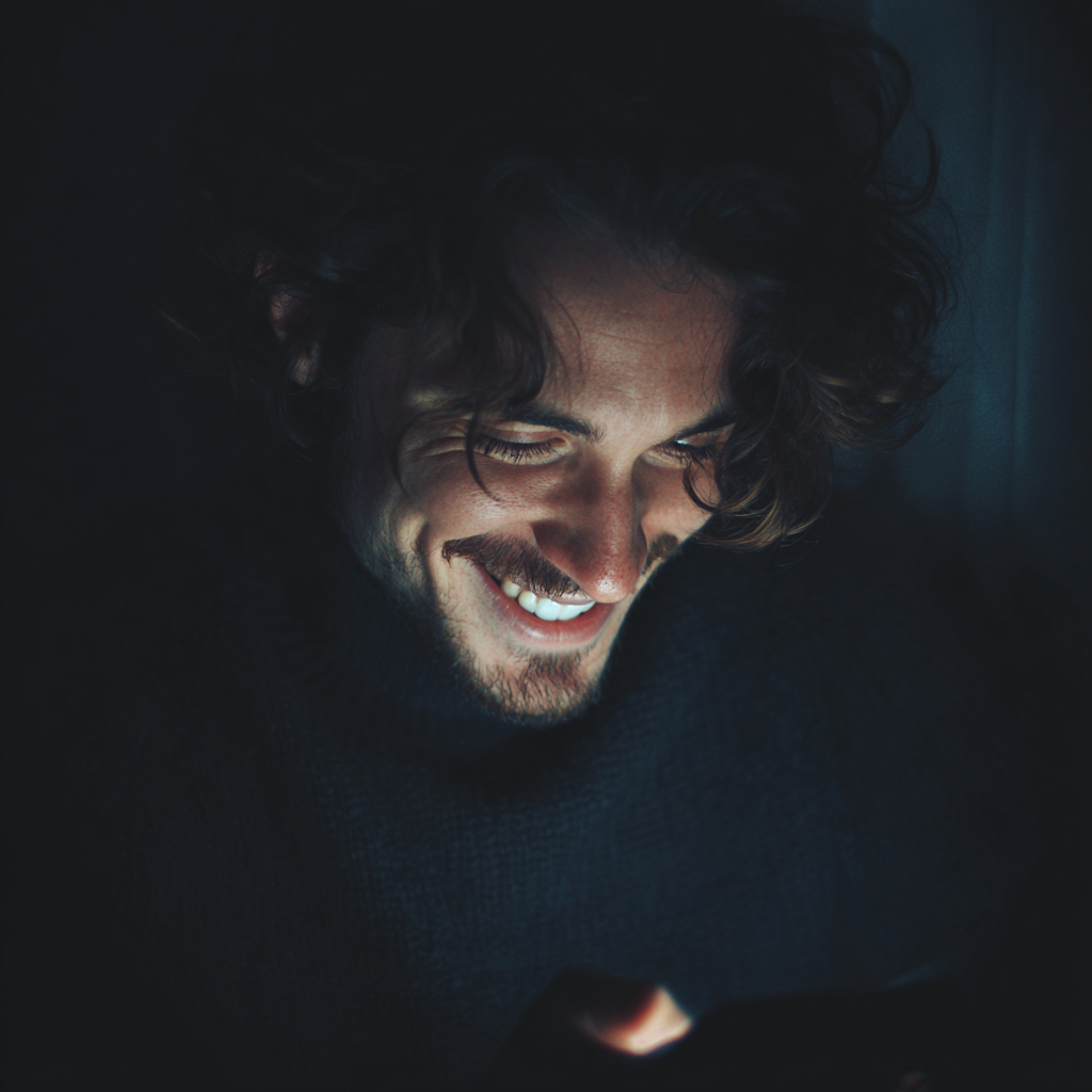 Un hombre con el teléfono en la mano y sonriendo | Fuente: Midjourney