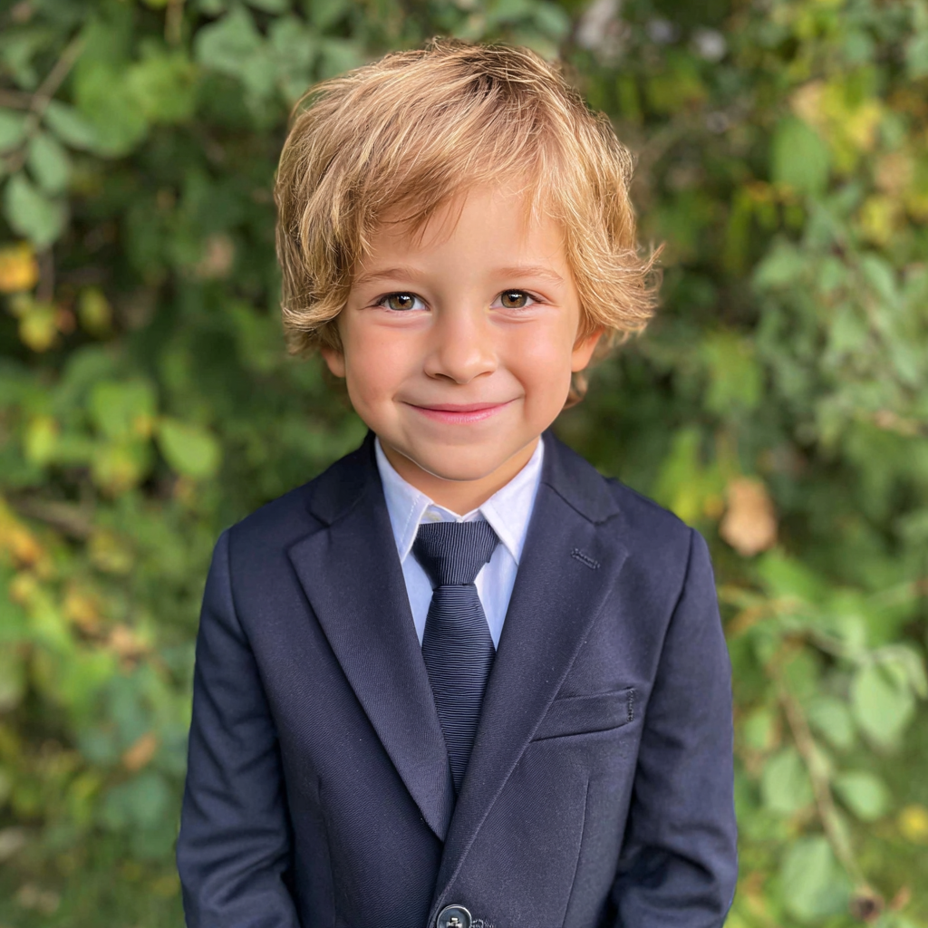 Un niño sonriente con un traje azul marino | Fuente: Midjourney