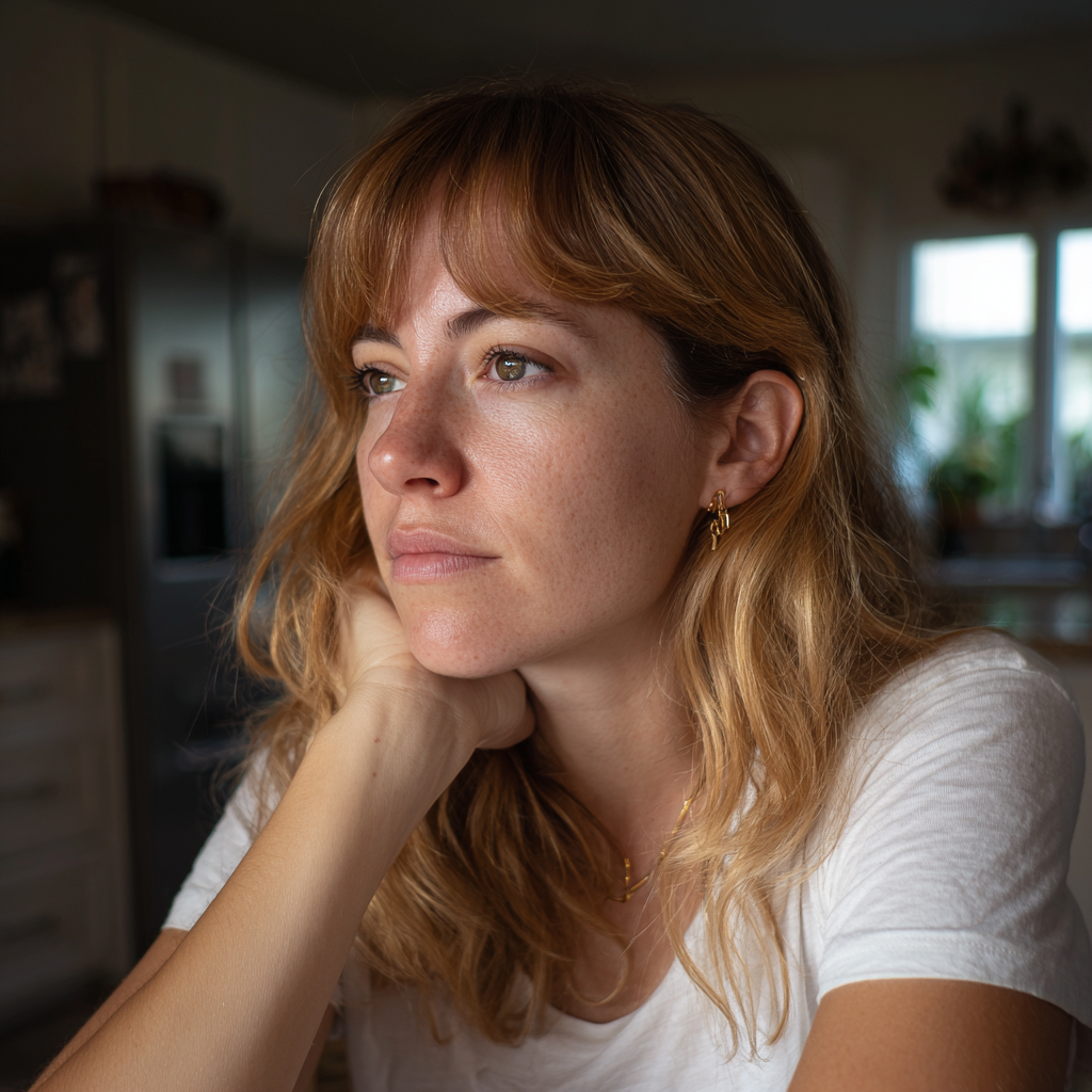 Una mujer preocupada con una camiseta blanca | Fuente: Midjourney