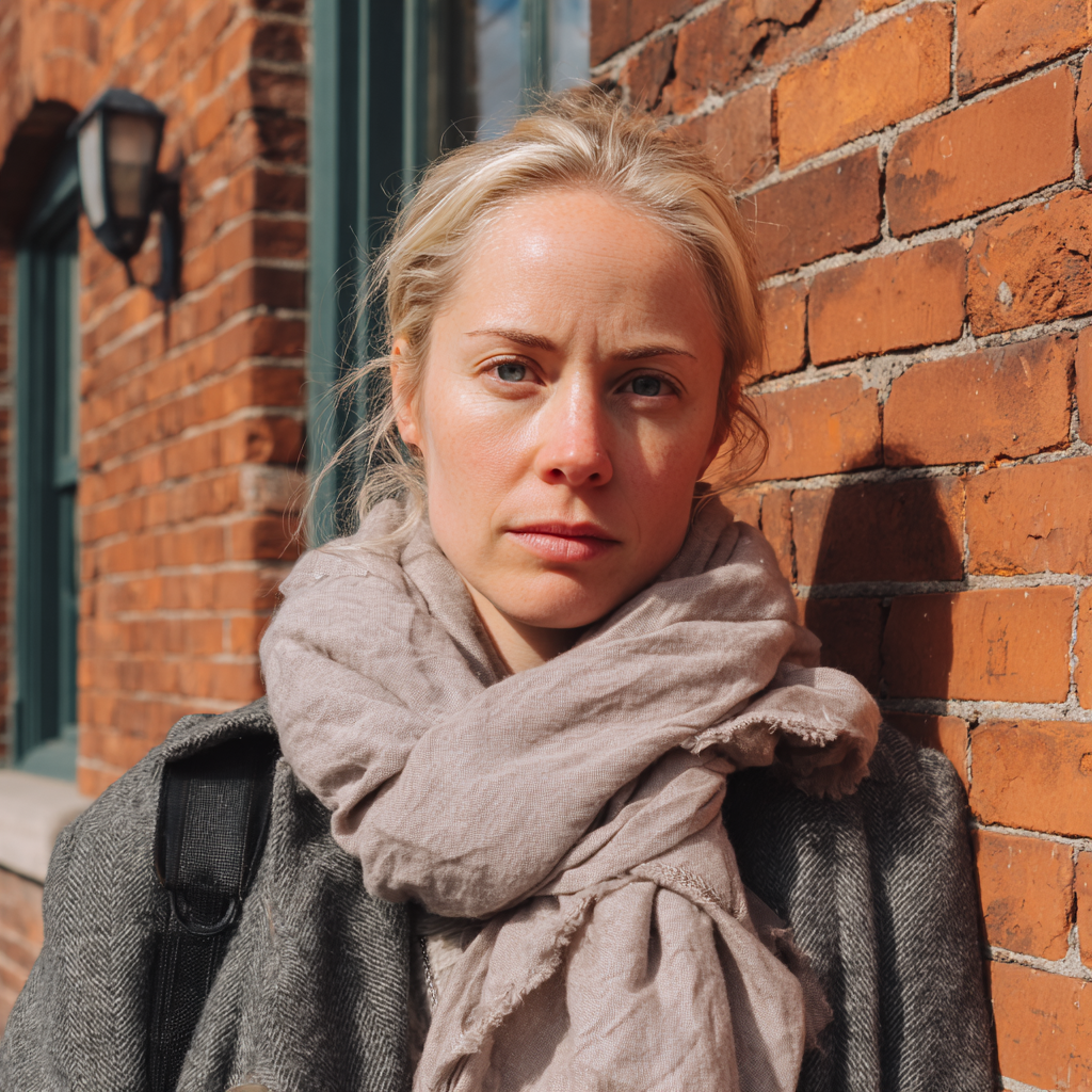 Una mujer pensativa frente a un edificio | Fuente: Midjourney