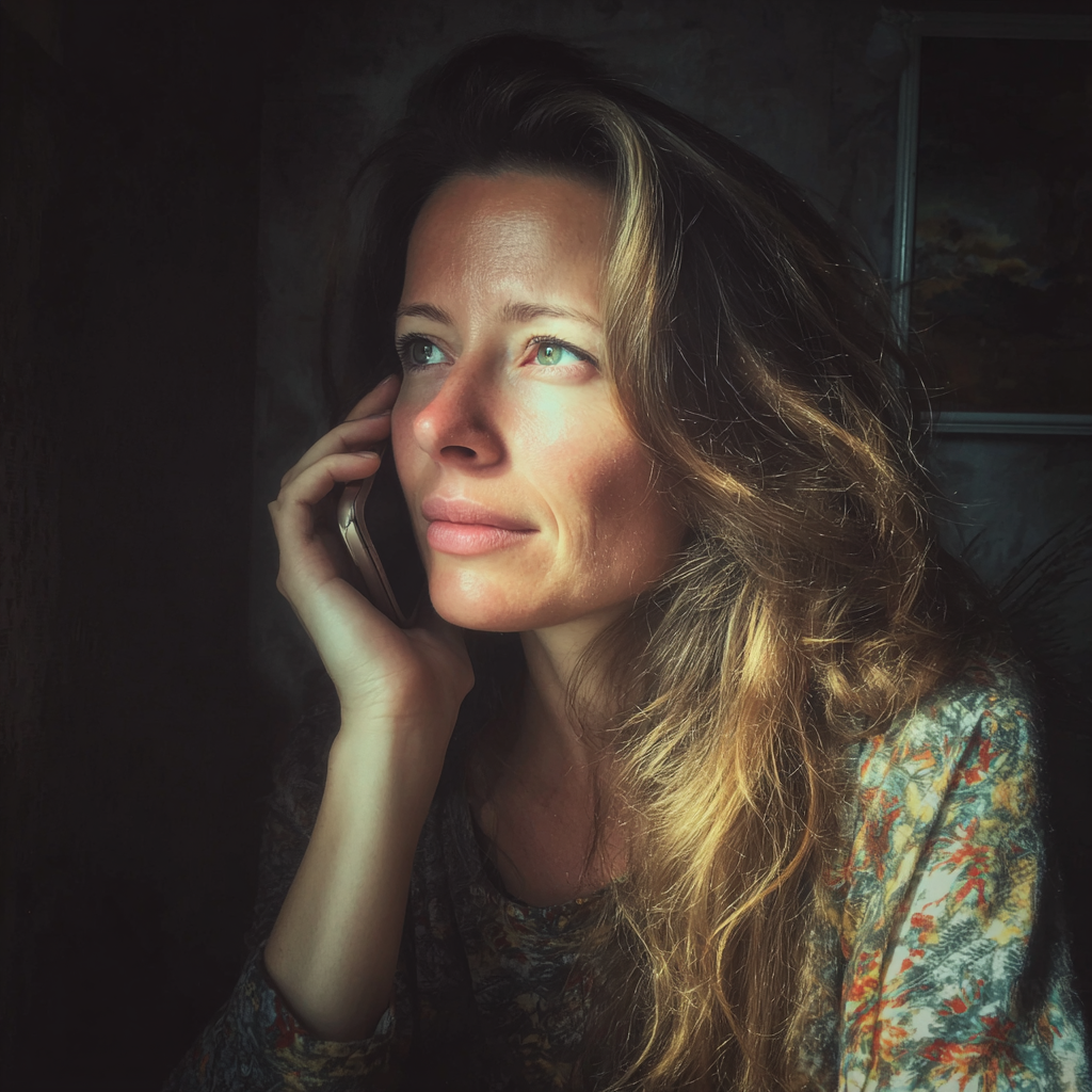 Una mujer pensativa hablando por teléfono | Fuente: Midjourney