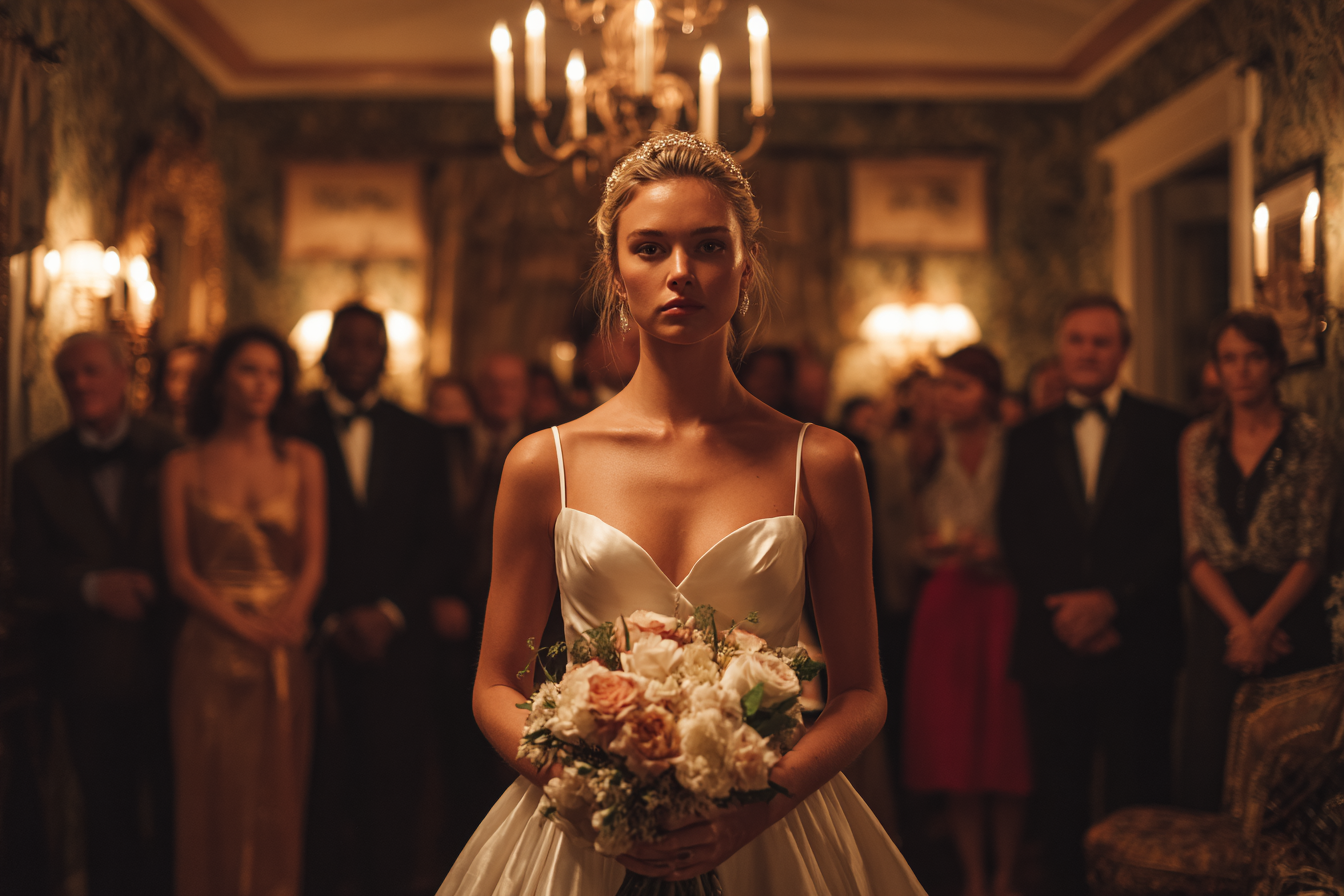 Una novia de pie en el lugar de celebración de una boda | Fuente: Midjourney