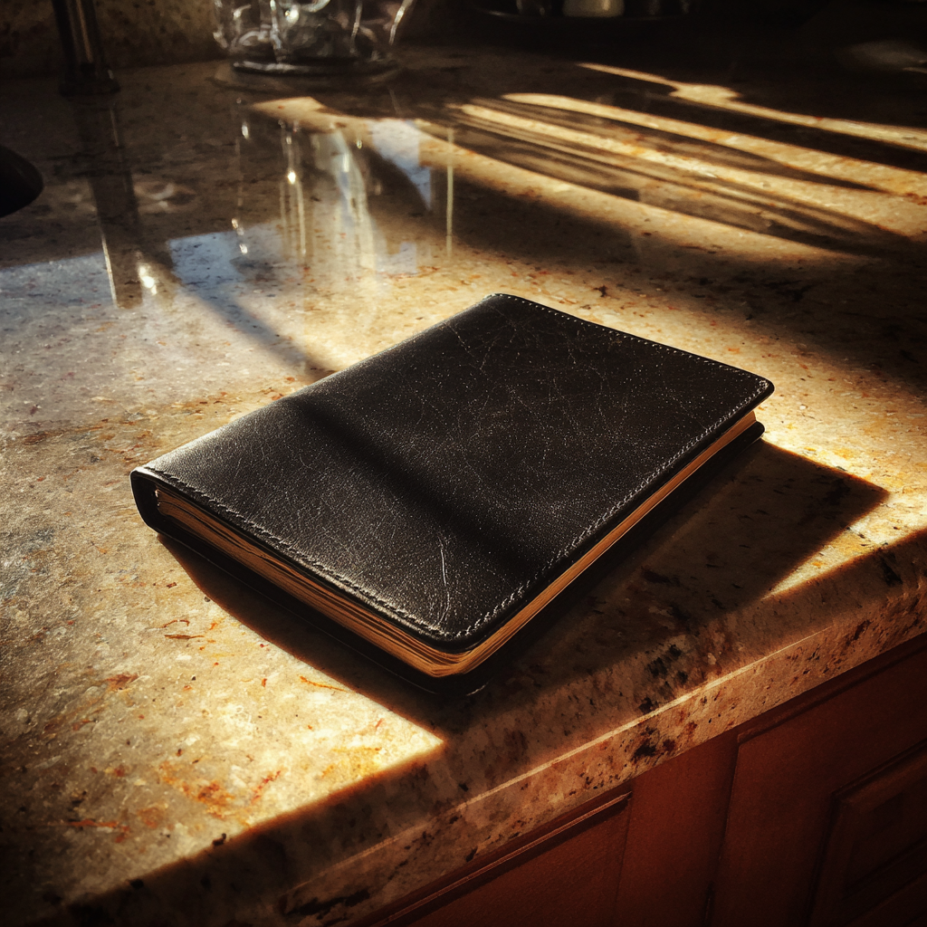 Un cuaderno negro sobre la encimera de la cocina | Fuente: Midjourney