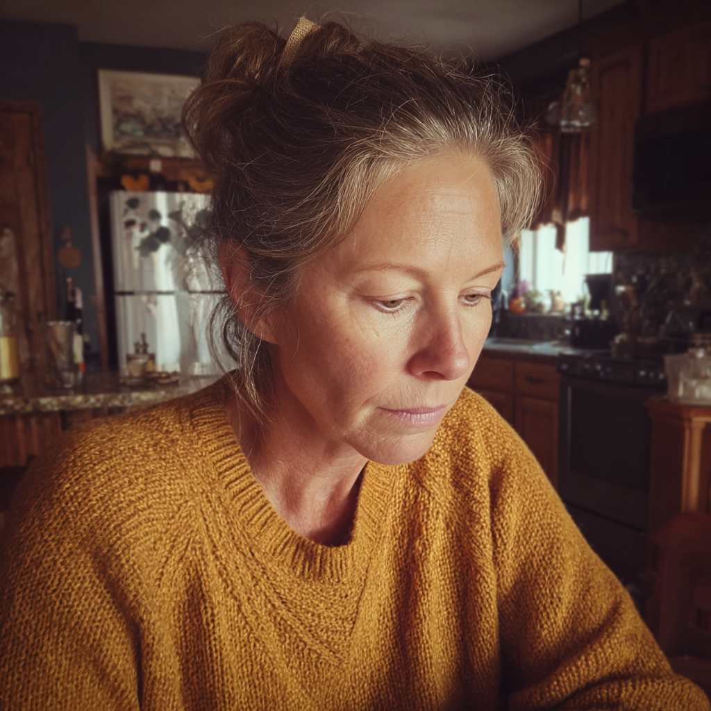 Una mujer pensativa sentada a la mesa de la cocina con un jersey mostaza | Fuente: Midjourney