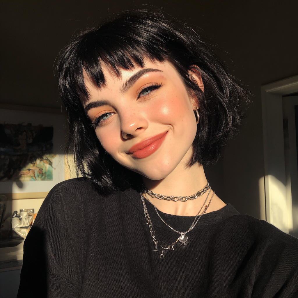 Una joven sonriente con el pelo corto y negro | Fuente: Midjourney