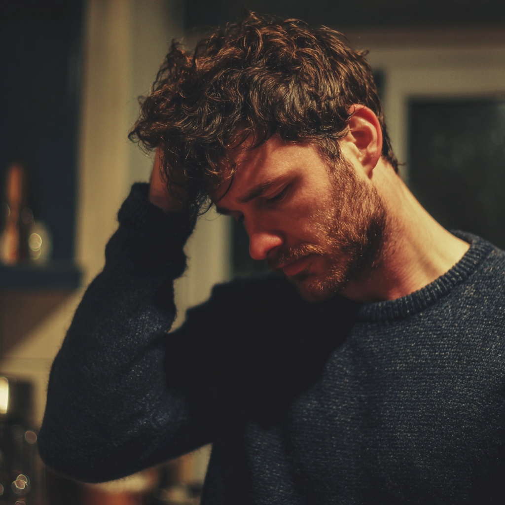 Un hombre de pie en una cocina y sujetándose la cabeza | Fuente: Midjourney