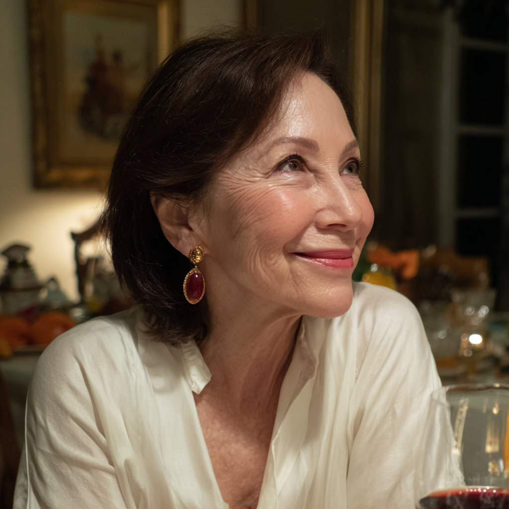 Una mujer sonriente sentada a una mesa | Fuente: Midjourney