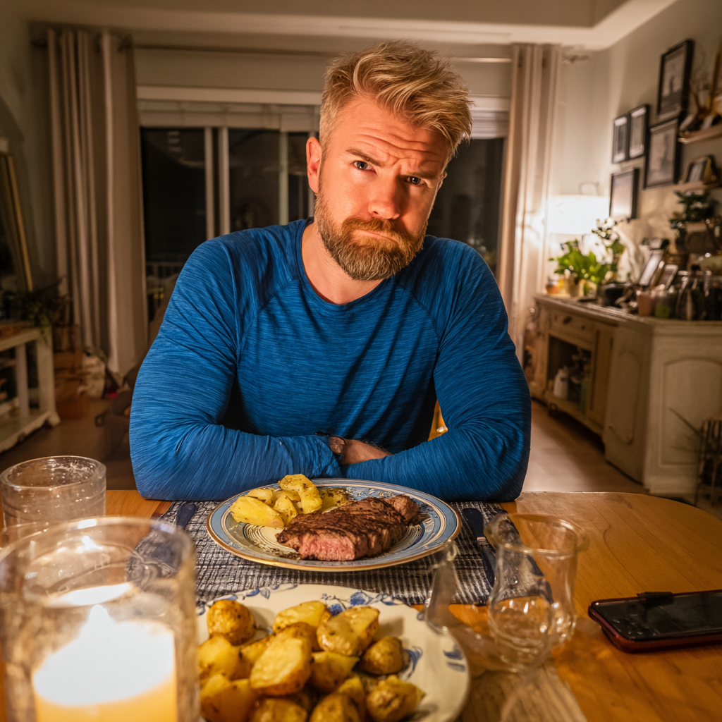 Un hombre con el ceño fruncido sentado a una mesa | Fuente: Midjourney