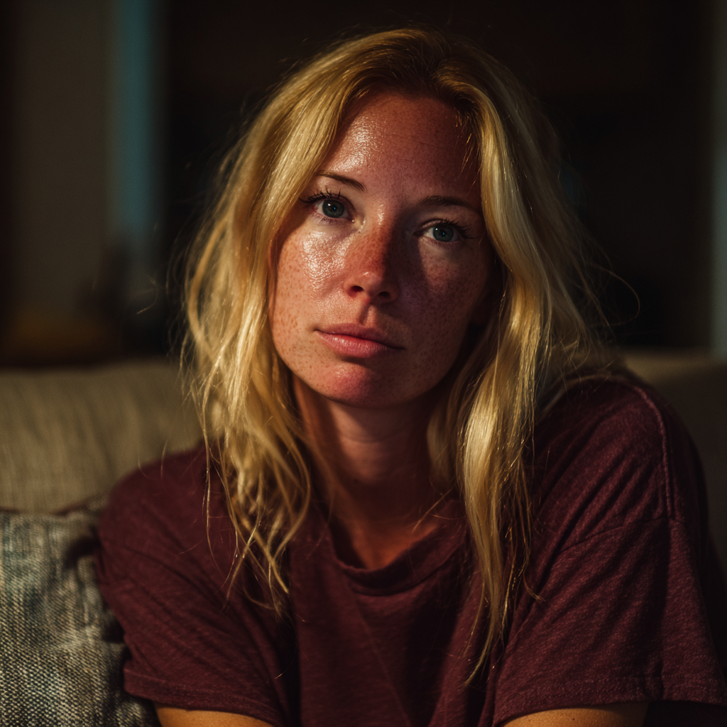 Una mujer emocional sentada en un sofá | Fuente: Midjourney