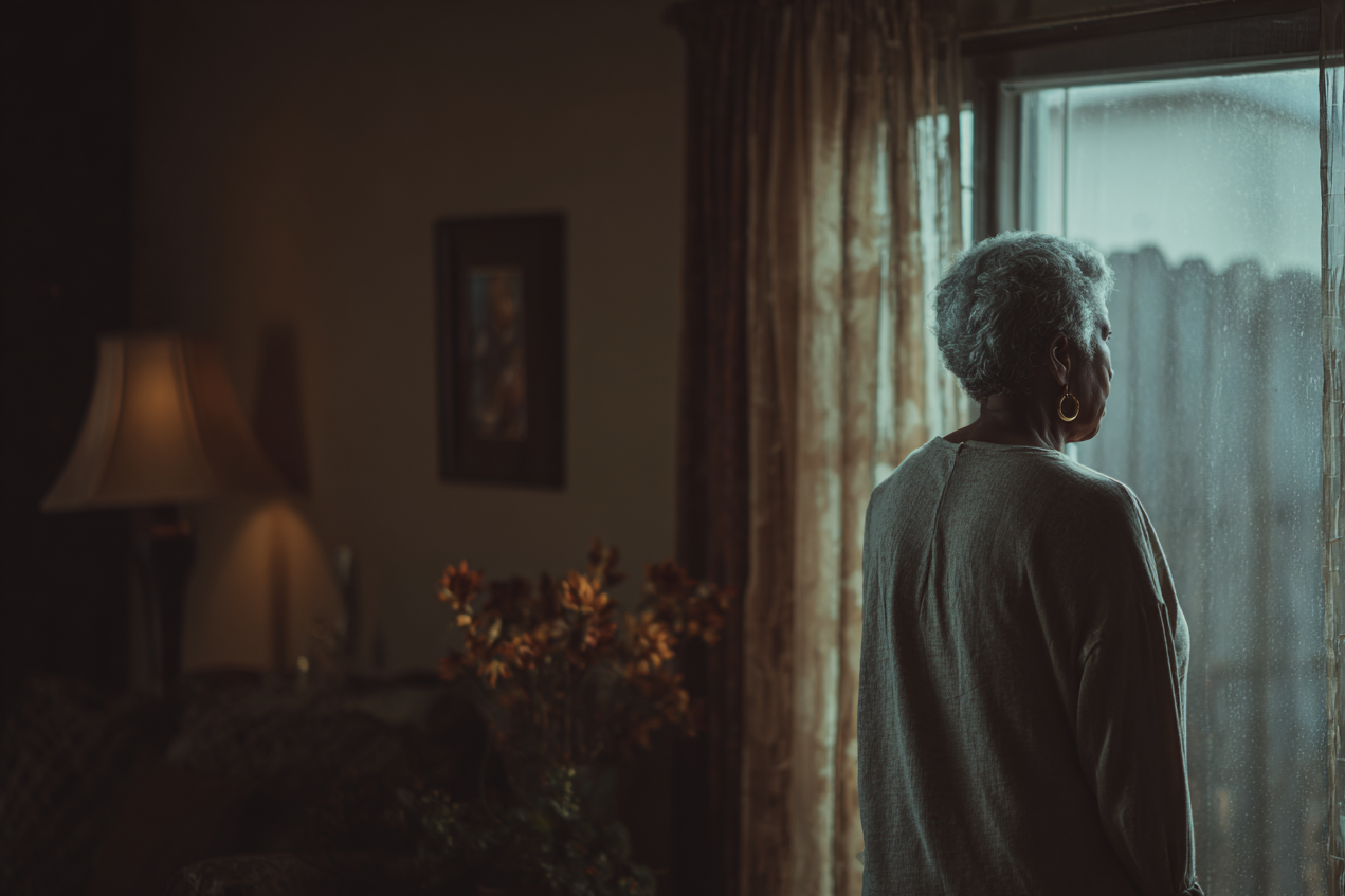 Una mujer mirando por la ventana | Fuente: Midjourney