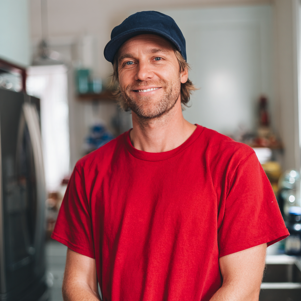 Un hombre sonriente de pie en una cocina | Fuente: Midjourney