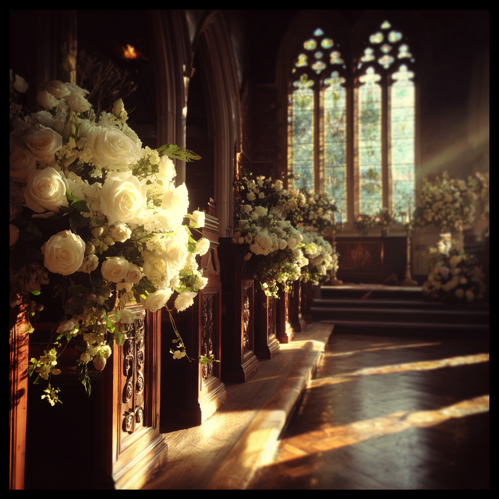 Rosas blancas en los bancos de la iglesia | Fuente: Midjourney