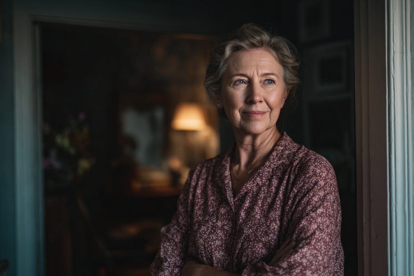 Una mujer de pie en su casa | Fuente: Midjourney