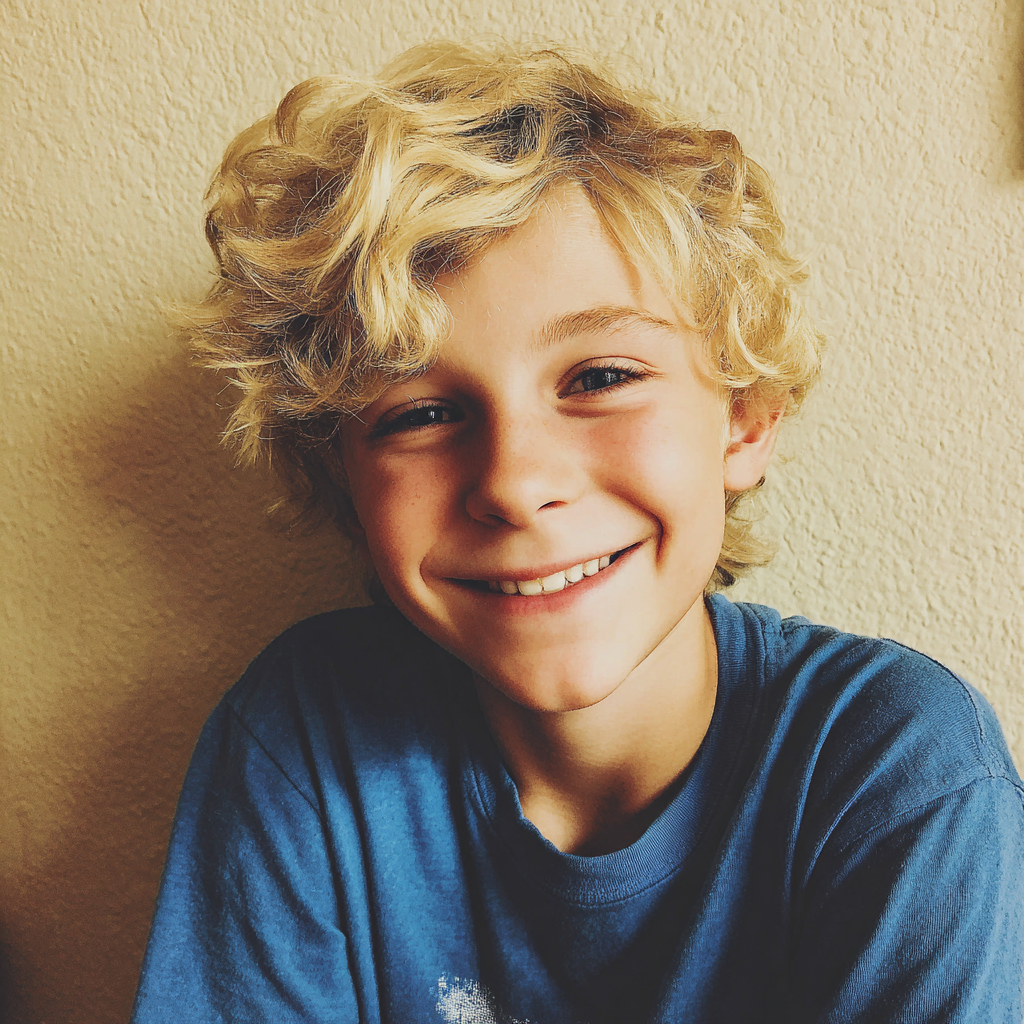 Un niño sonriente con una camiseta azul | Fuente: Midjourney