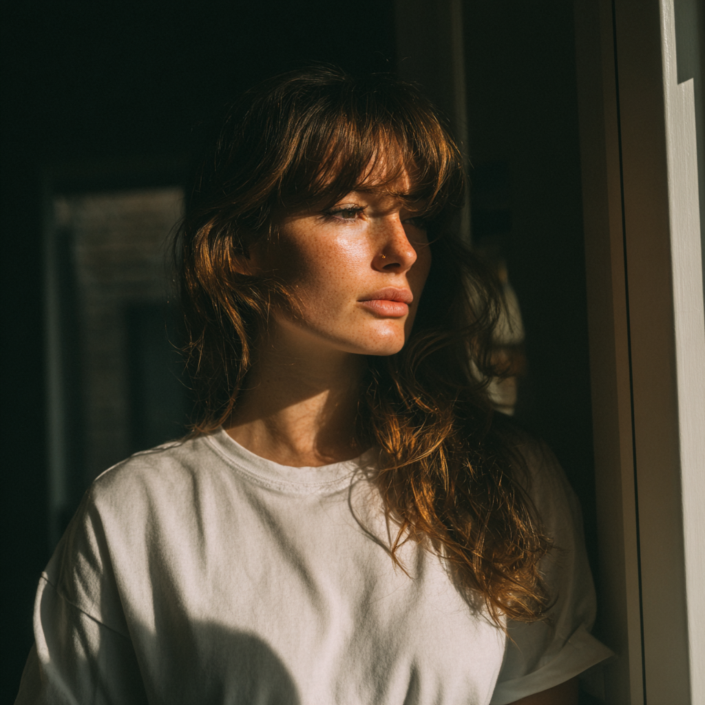 Una mujer pensativa en un porche | Fuente: Midjourney