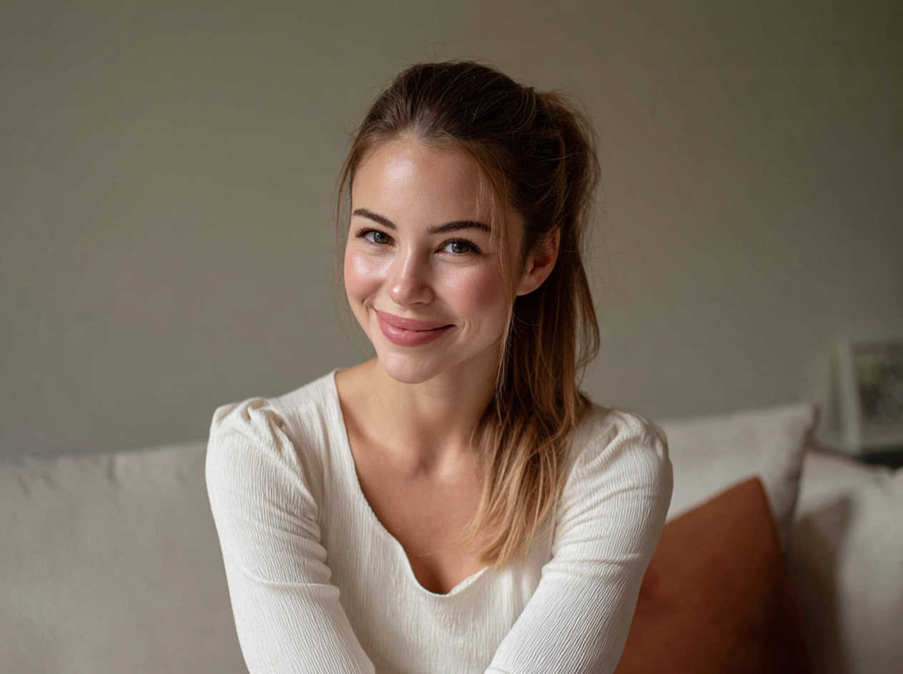 Una mujer sonriente sentada en un sofá | Fuente: Midjourney