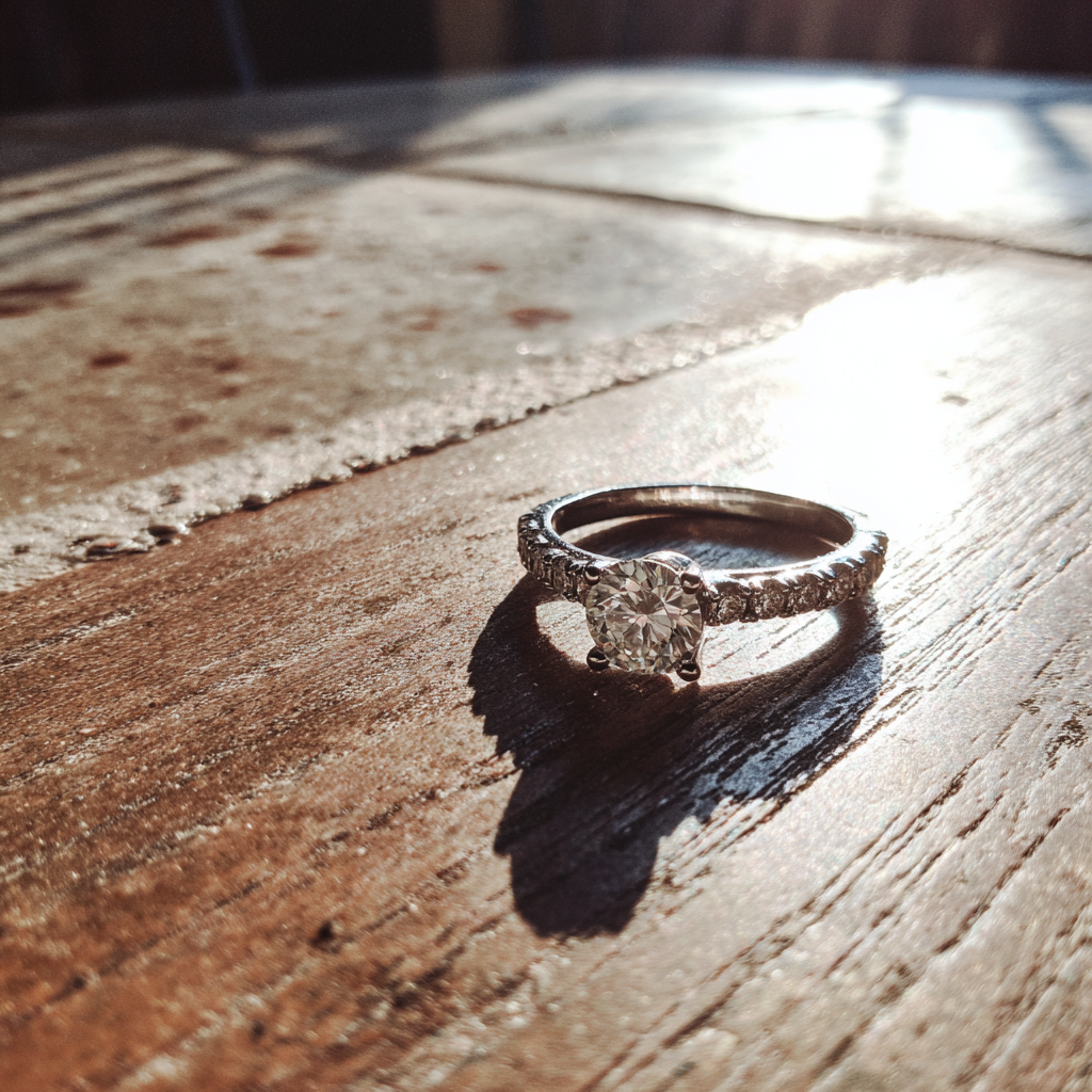 Un anillo de boda sobre una mesa | Fuente: Midjourney