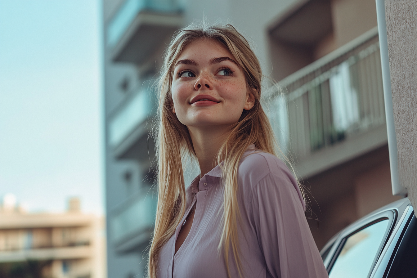 Una mujer sonriendo en el exterior de un edificio | Fuente: Midjourney