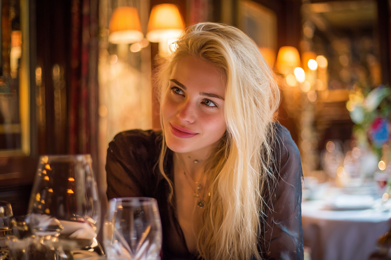 Una mujer sonriendo a alguien en un restaurante | Fuente: Midjourney