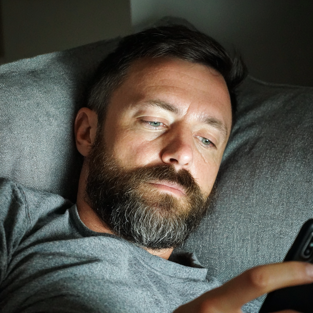 Un hombre relajándose en un sofá y utilizando su teléfono | Fuente: Midjourney
