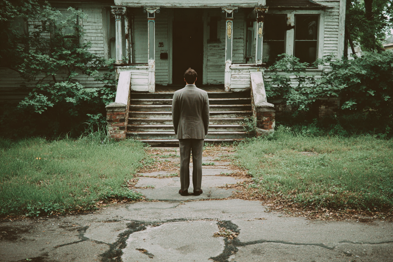 Un hombre ante una casa modesta | Fuente: Midjourney