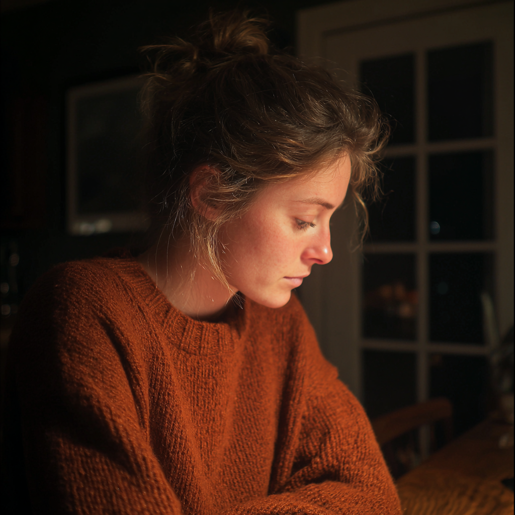 Una mujer sentada a la mesa | Fuente: Midjourney