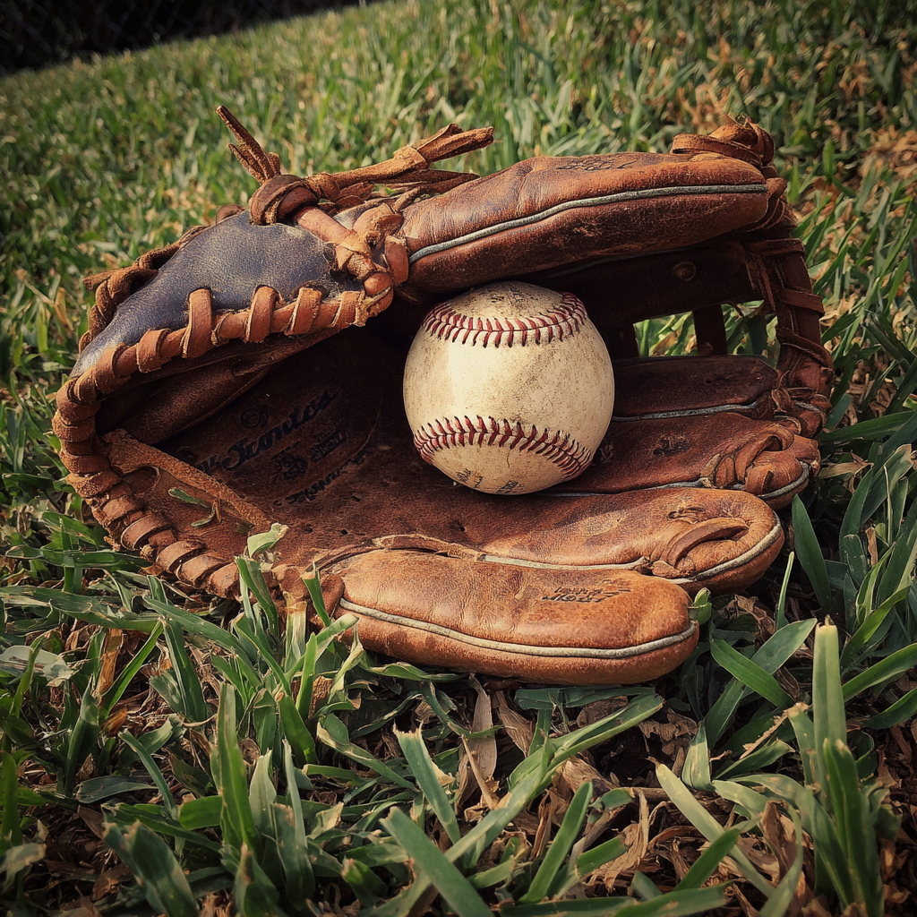 Un guante de béisbol sobre hierba | Fuente: Midjourney
