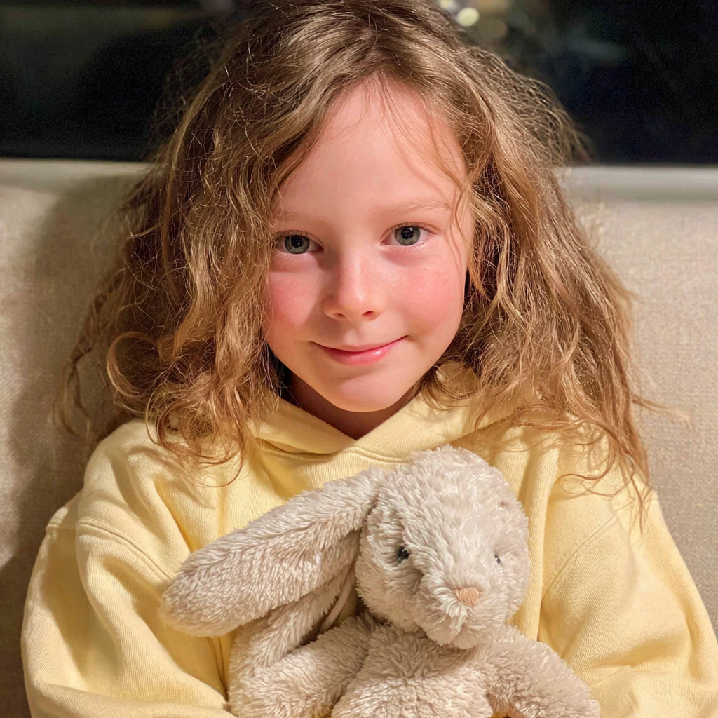 Una niña sonriente con un conejito de peluche en la mano | Fuente: Midjourney