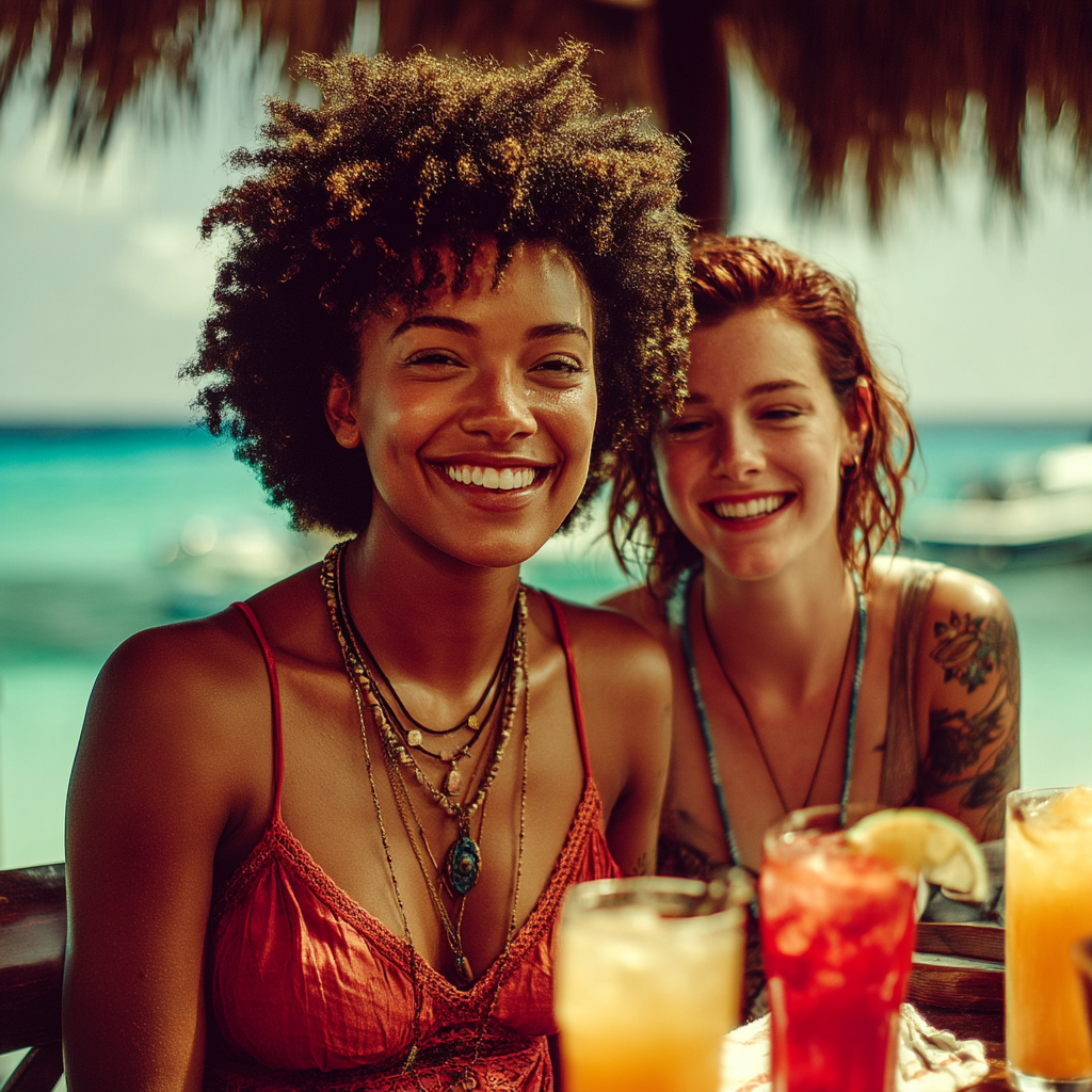 Dos mujeres disfrutando de un complejo turístico frente al mar | Fuente: Midjourney