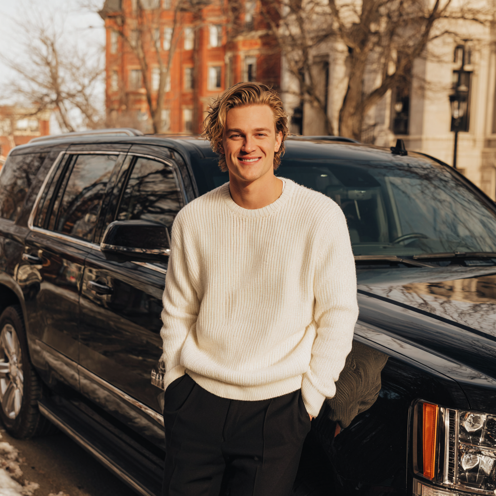Un hombre sonriente delante de un automóvil | Fuente: Midjourney